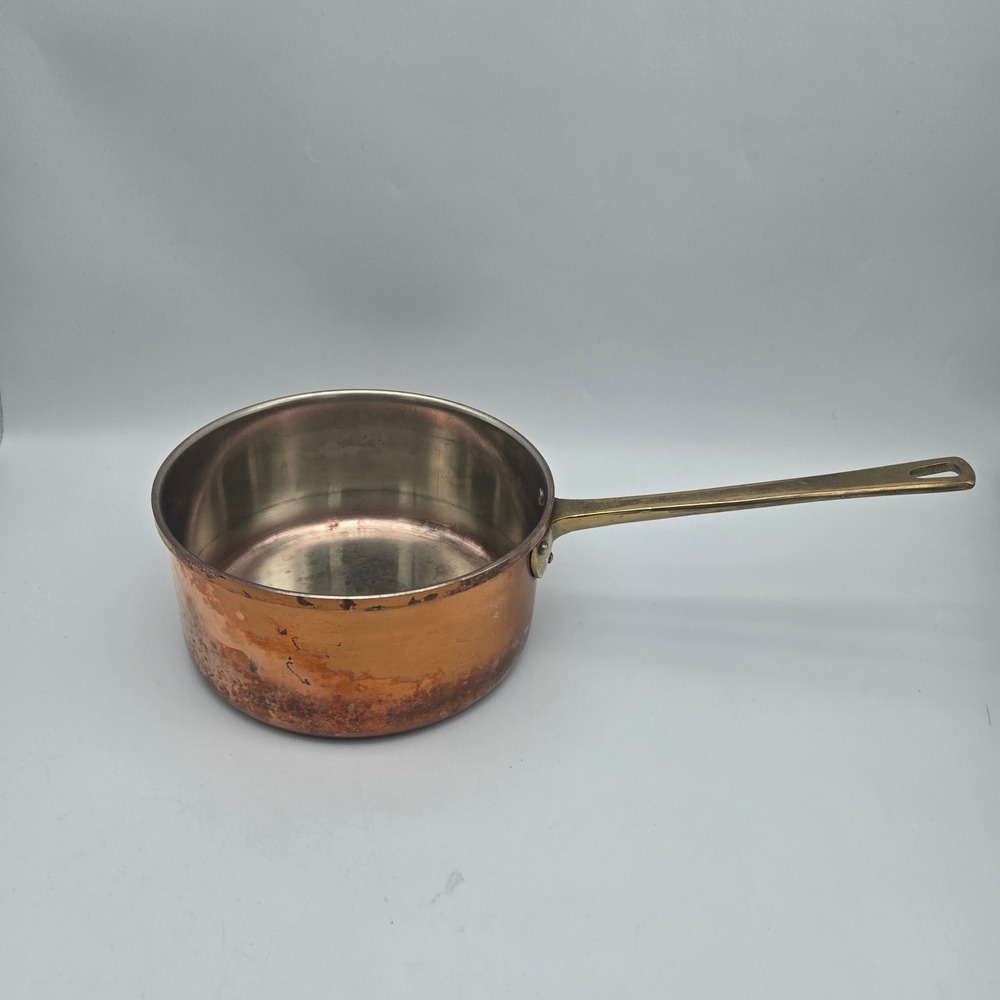 Vintage Solid Copper Saucepan Pot Brass Handle ODI Portugal No Lid Has Patina